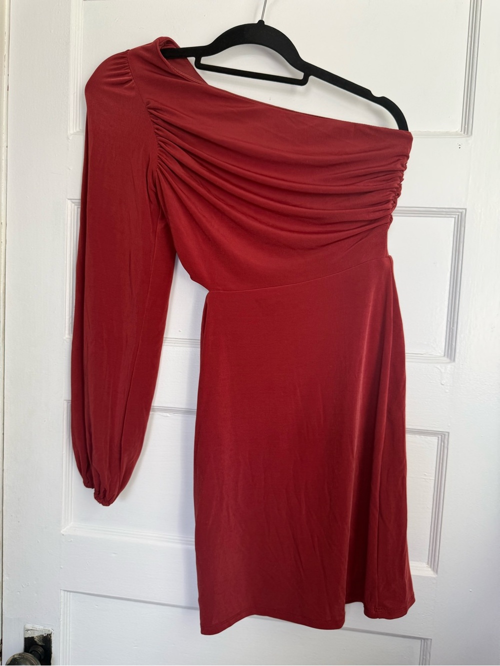 Crystal Sky Rust Draped One-Shoulder Dress Long Sleeve Ruched Cut-Out Bodycon S